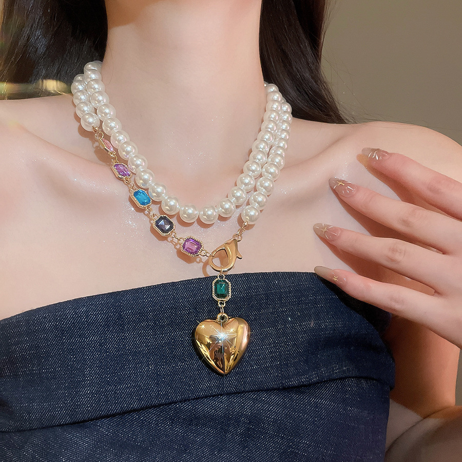 European American style versatile faux pearl beaded collarbone necklace with fashionable colorful gemstone and heart pendant - view 8