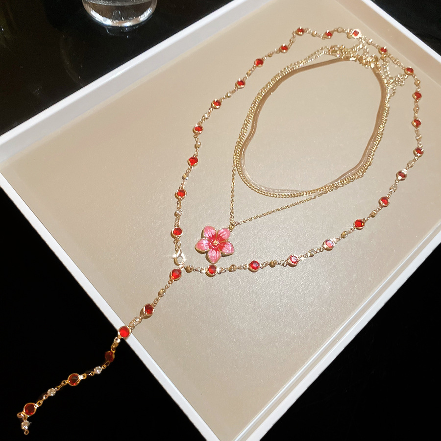 Crystal bead pendant necklace with oil-drip floral design, vintage court style collarbone chain, light luxury high-end jewelry wholesale - view 8
