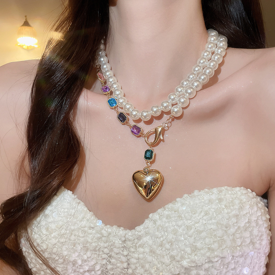 European American style versatile faux pearl beaded collarbone necklace with fashionable colorful gemstone and heart pendant - view 7