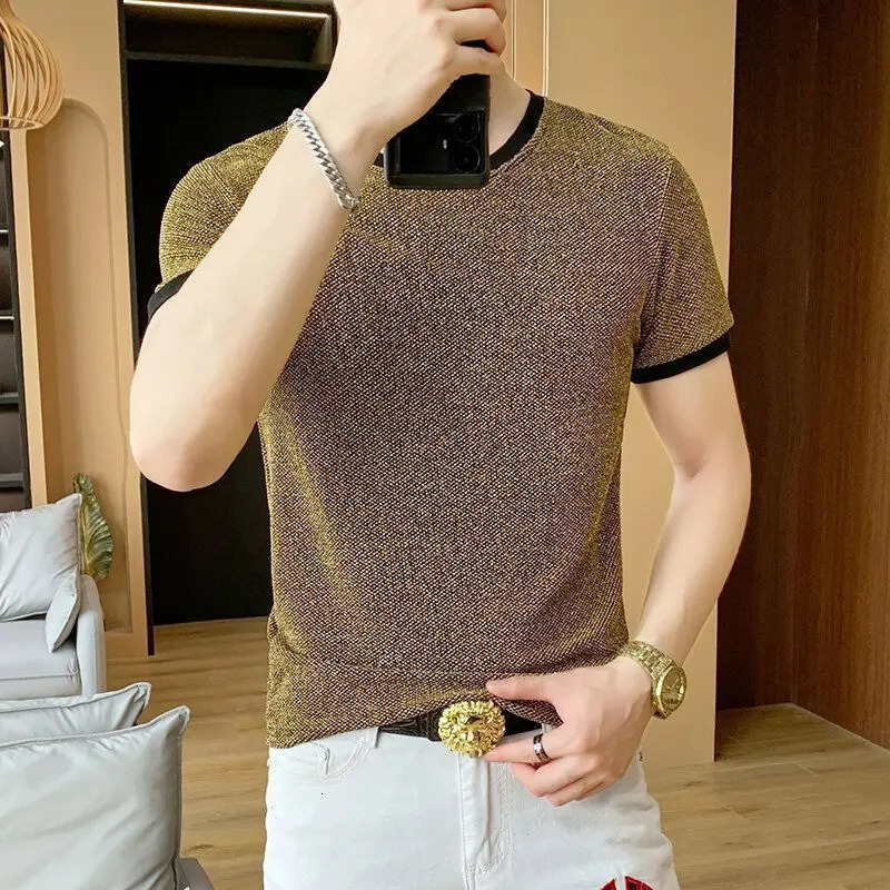 Shiny Silk Men O Neck Short Sleeve T Shirt Summer Fashion Hip Hop Punk All-match 2xl Oversize Streetwear Golden Silver Party Bar 260605 - view 6