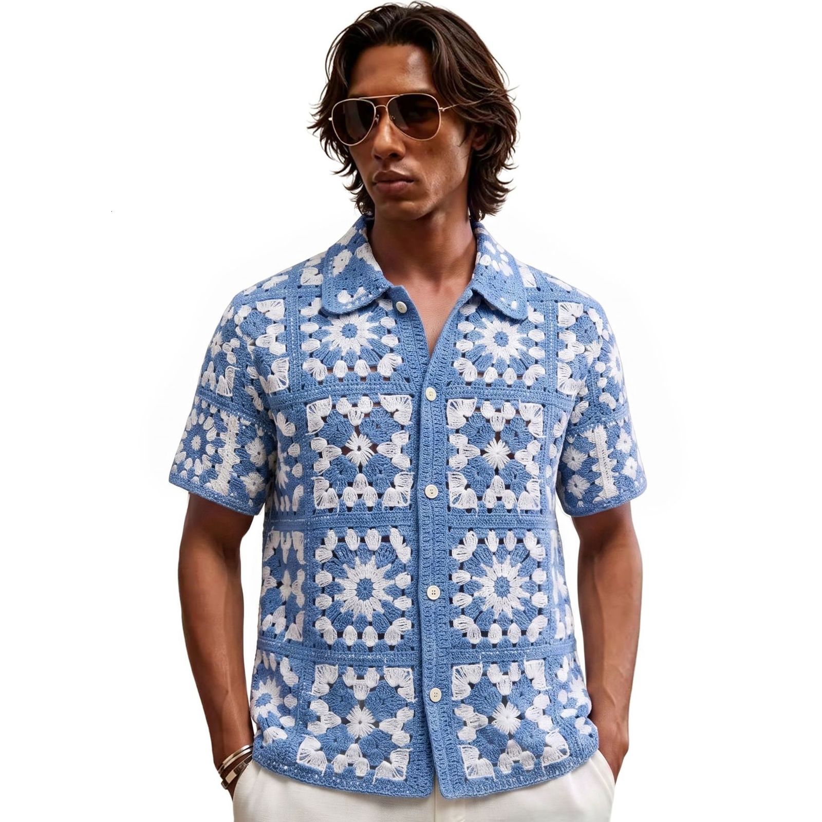 Men Retro Printed Knitted Short Sleeved Cardigan Casual Trend Turn-down Collar Button T-shirts Summer Male Street Sweater 240814