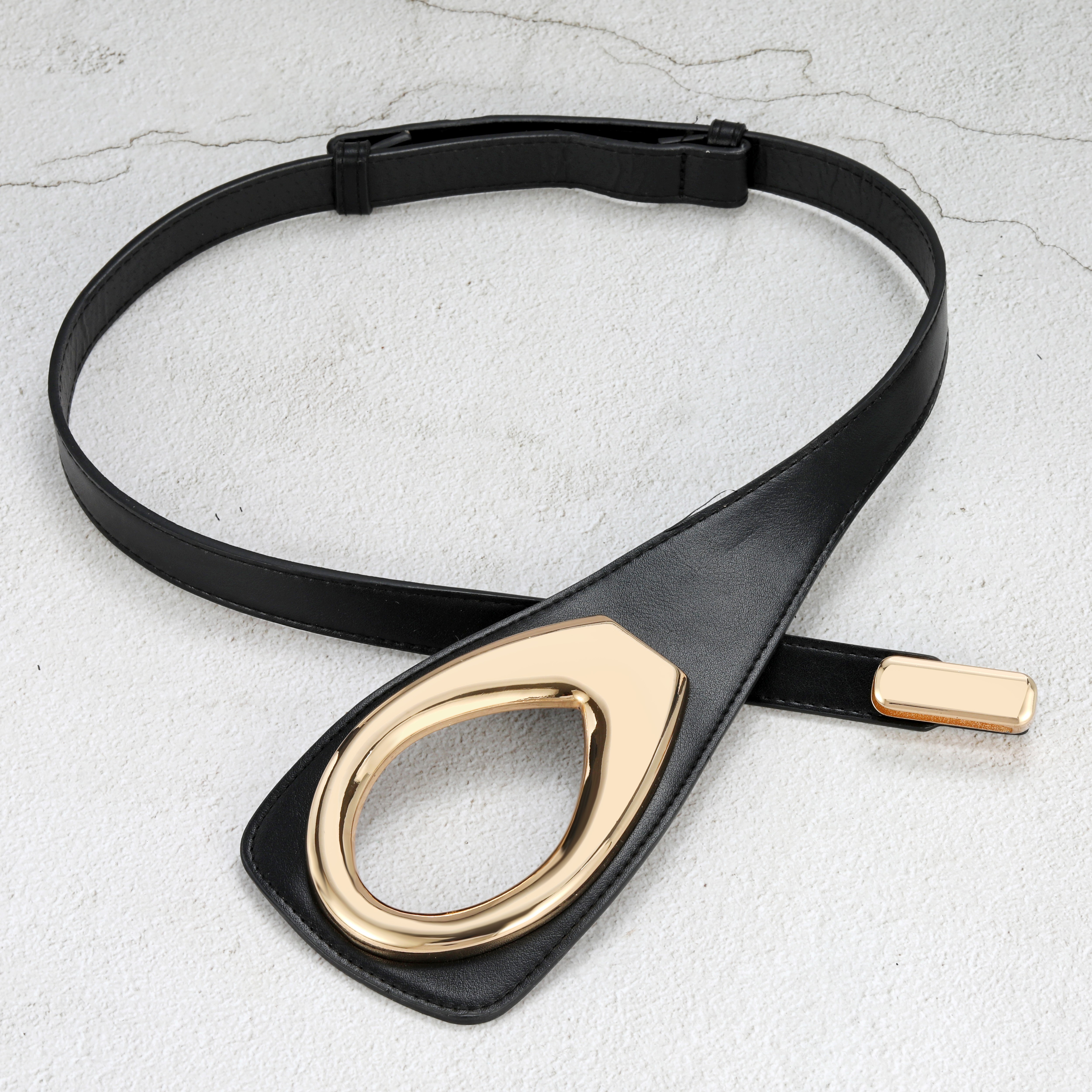 Elegant Modern Geometric Gold Buckle Skinny Waist Belt Adjustable No Hole Design Leather Waistband For Blazer Formal Dress Ladies Fashion Accessory WH - view 6