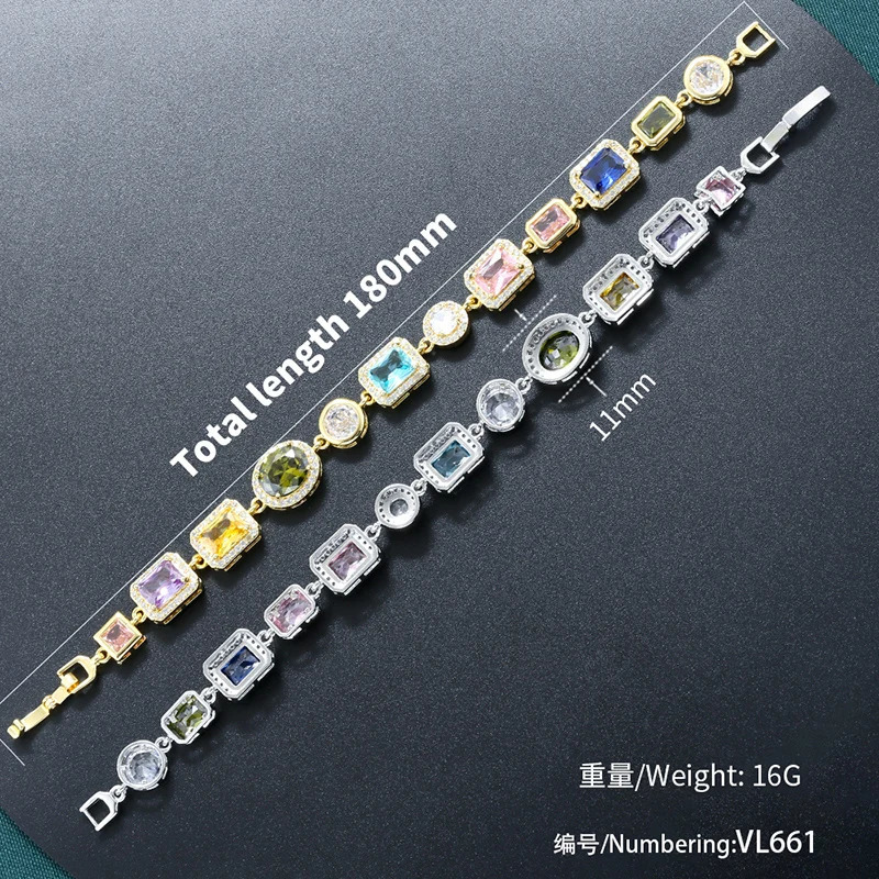 Colorful Mosaic Geometric Zircon Bracelet/Necklace Set Hip-Hop Retro Unisex Couples 18K Gold-Plated Brass JewelryVL661 VL662260530 - view 3
