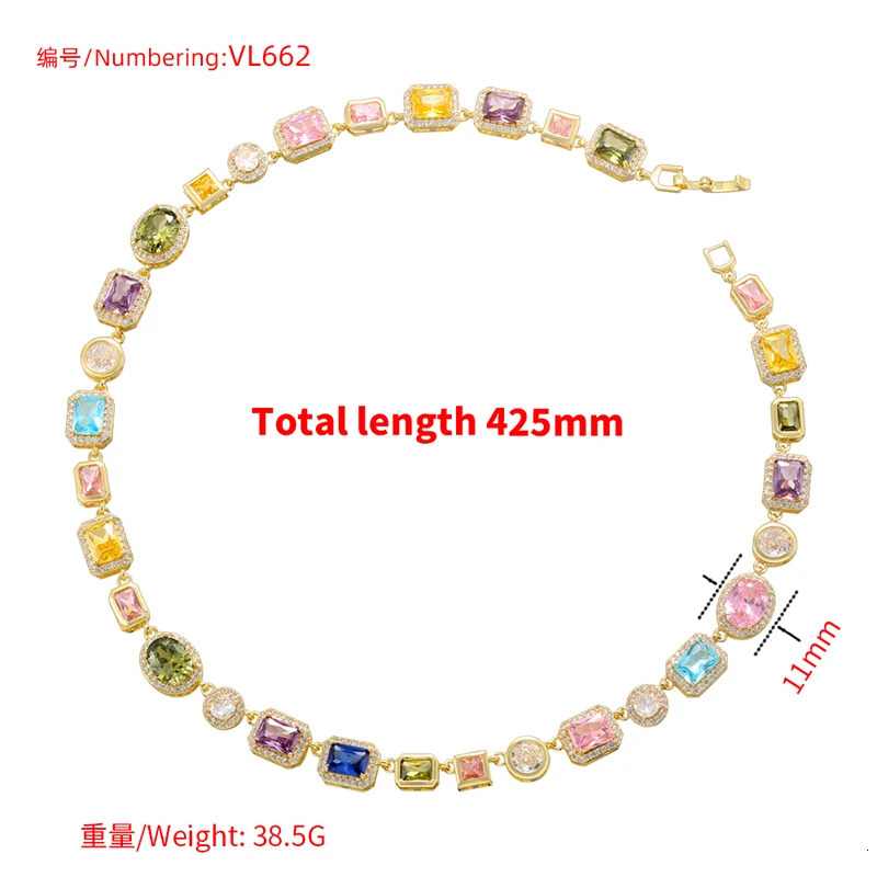 Colorful Mosaic Geometric Zircon Bracelet/Necklace Set Hip-Hop Retro Unisex Couples 18K Gold-Plated Brass JewelryVL661 VL662260530 - view 4
