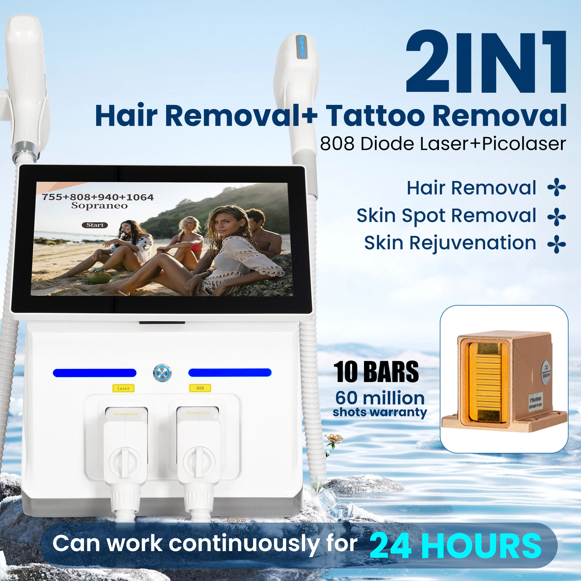 Professional Picosecond And Diode 2 In 1 Laser Tattoo Removal And Hair Removal Device 10 Bars 755 808 940 1064nm With Sapphire Ice Cooling For Whole B