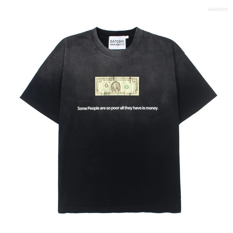 Men's T Shirts Washed Black Summer Satoshi T-shirt Dollar Print Letter Men Women Short Sleeve Top Cotton Tees - view 5