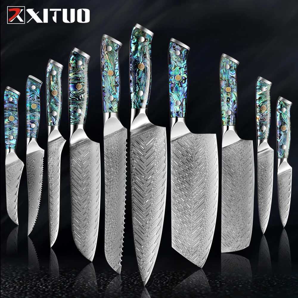 Profession Damascus Steel Chef Knife Super sharp Kitchen Knife Cleaver Paring Bread Knife etc Exquisite Abalone Shell Handle 260605