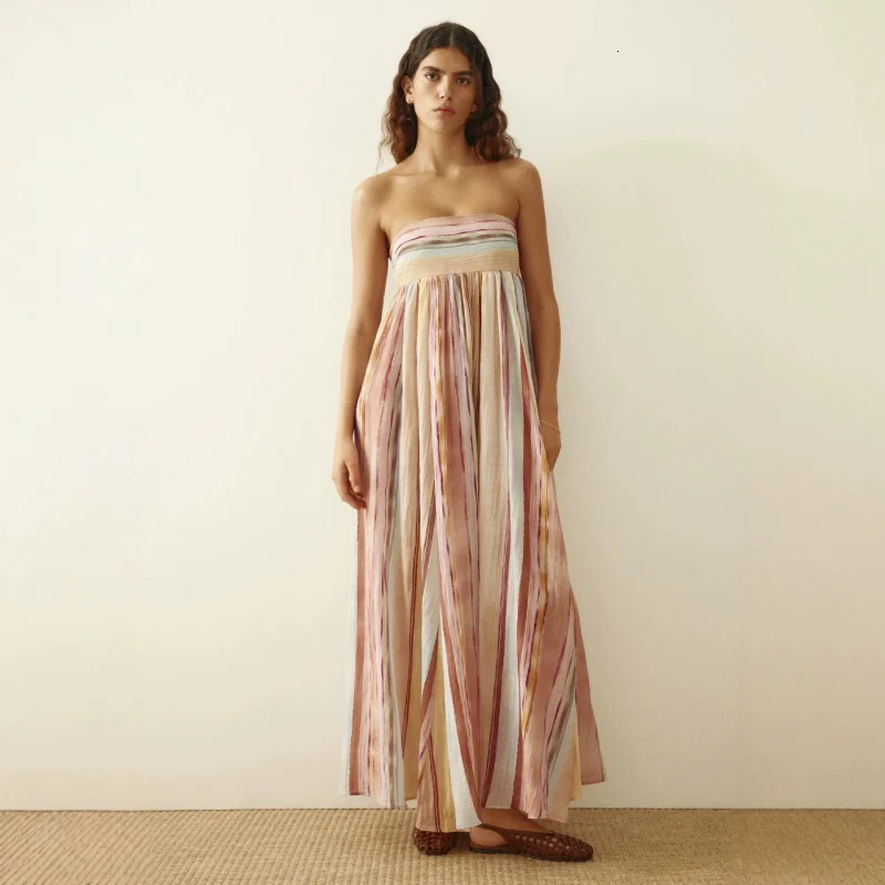 Casual Striped Bandeau Maxi Dress Women Strapless Off Shoulder Flowy Bohemian Summer Beachwear Vacation Aesthetic Dress 260604 - view 5