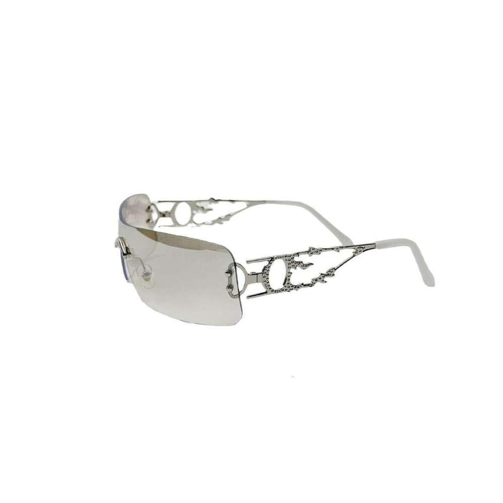 Luxury Brand Designer Sunglasses Women Rimless Half Lens Sunglasses Silver Metal Temple With Flame Inlaid Rhinestone Hollow Geometric Decor Gradient H - view 6