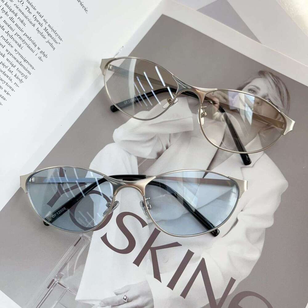 Luxury Brand Designer Sunglasses Women Slim Oval Cat Eye Sunglasses Polished Silver Full Metal Frame Unique Curved Bridge Light Gradient Lens UV400 Y2