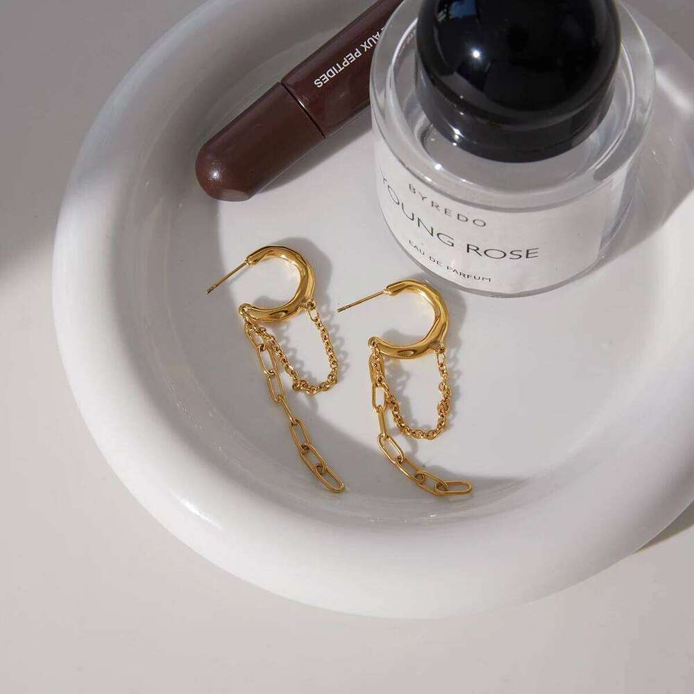 Uworld Classic 18K Plated Gold Color Stainless Steel Hollow-Out Chain C-Ring Tassel Hoop Earrings Women Waterproof Jewelry