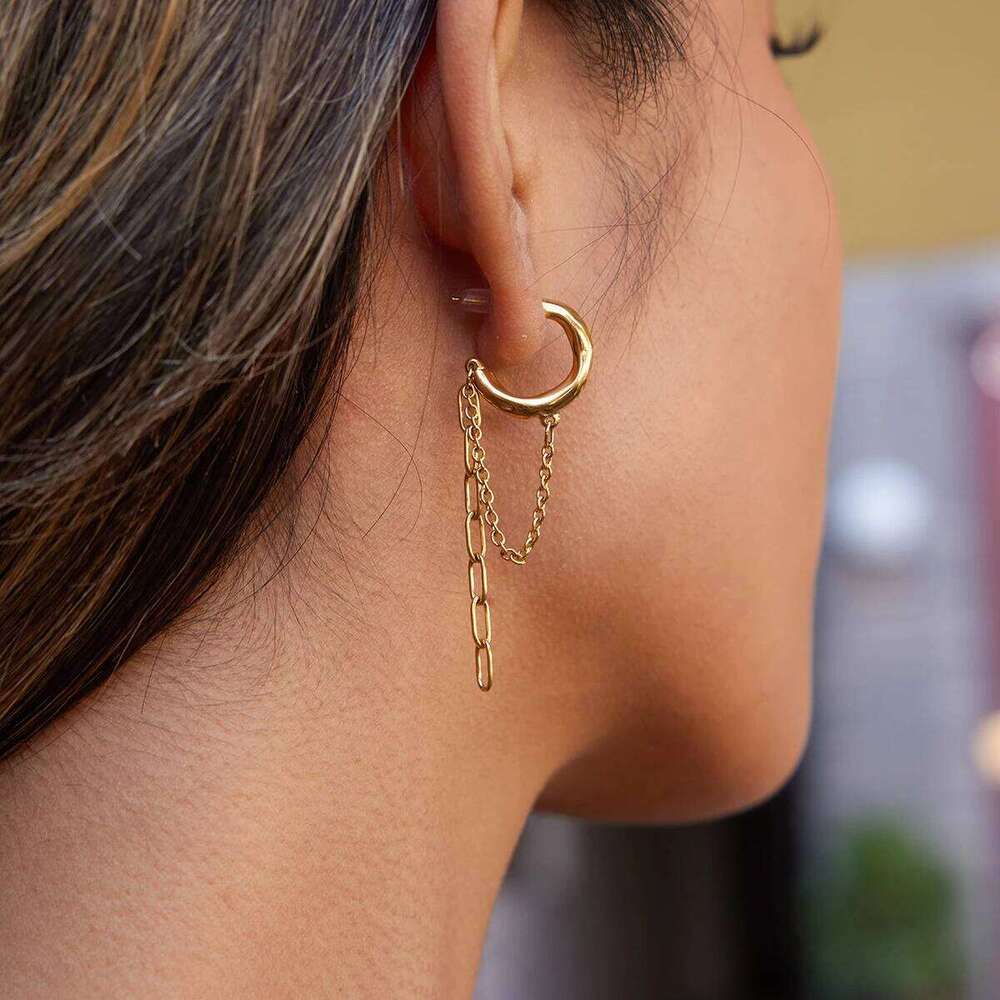 Uworld Classic 18K Plated Gold Color Stainless Steel Hollow-Out Chain C-Ring Tassel Hoop Earrings Women Waterproof Jewelry