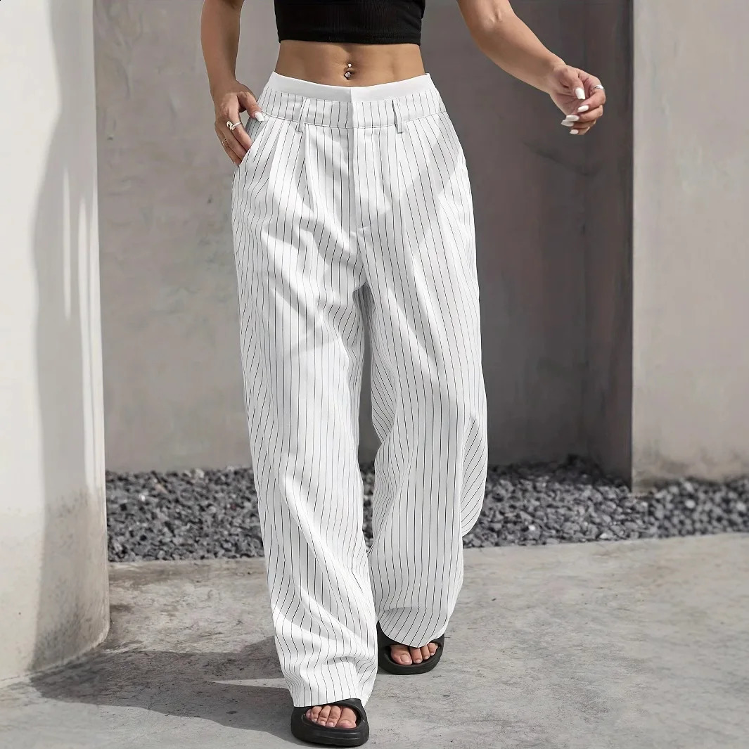 Fashion Pants Womens Stripe Straight Pants Autumn Winter High Waisted Casual Suit Pants Office Lady Women Trousers Bottoms 260605 - view 4