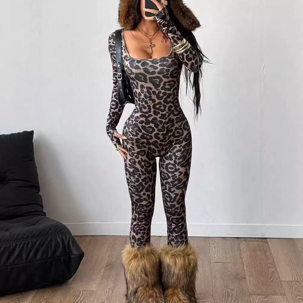 Jumpsuits for Women rompers Sexy Hollow Out Bandage Bodycon Bodysuits Leopard print jumpers Night Club wear Skinny Overalls 5833