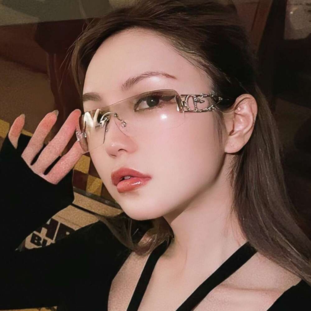 Luxury Brand Designer Sunglasses Women Rimless Half Lens Sunglasses Silver Metal Temple With Flame Inlaid Rhinestone Hollow Geometric Decor Gradient H - view 3