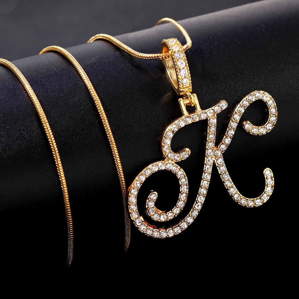 A-Z Initial Cursive Letters Pendant Necklace For Women Gold Silver Color Shiny Rhinestone Metal Chain Necklace Jewelry Gift260605 - view 4