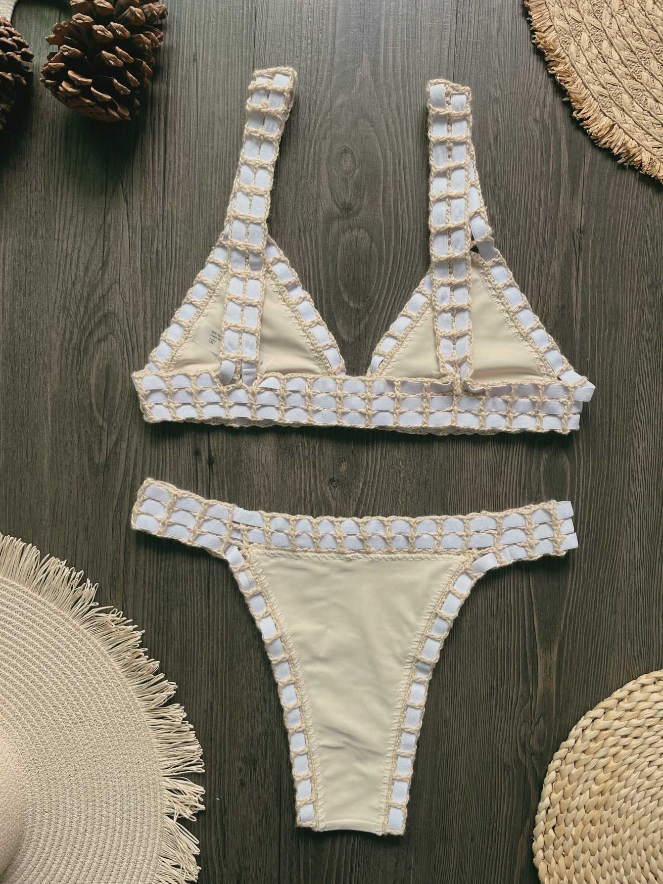 Women's hand-knitted solid-color swimsuit with colorful elastic straps and bikini beachwear set L260604 - view 9
