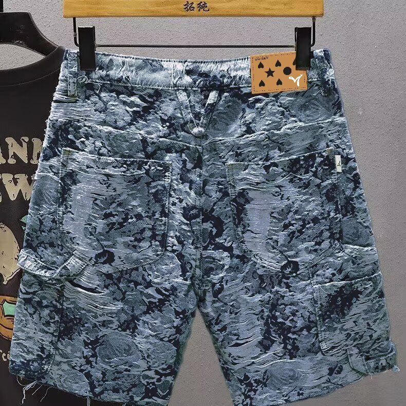 Summer New Luxury Designer Floral Denim Shorts For Men, Fashionable And Versatile Casual And Loose Jacquard Five Quarter Pants Suitable For Daily Trav - view 5