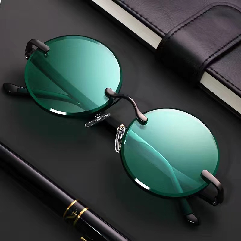 Retro Metal Frameless Designer Sunglasses Luxury Women's Dark Green Imitation Crystal Outdoor Glasses Trendy Brand Sun Protection Sports Cycling 
