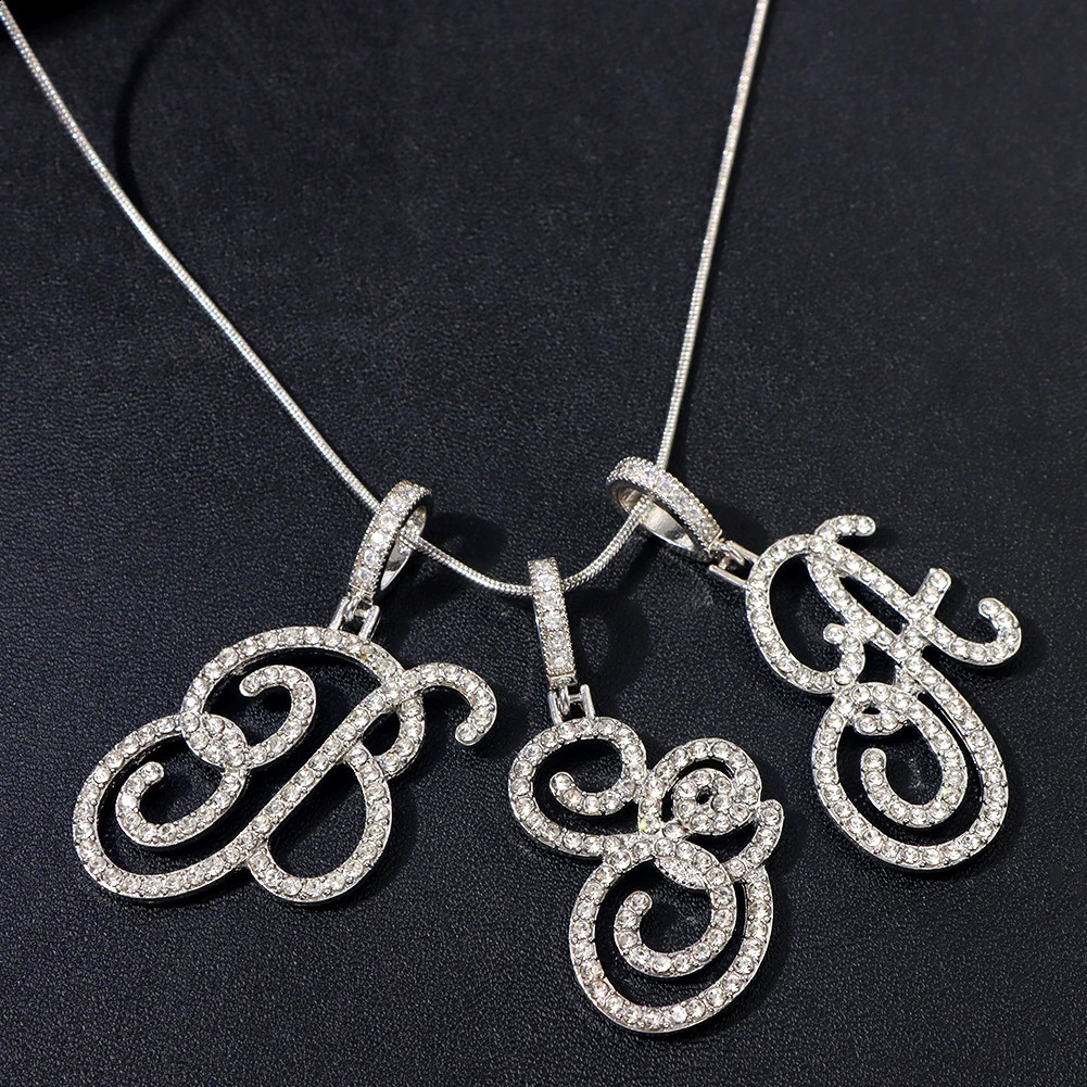 A-Z Initial Cursive Letters Pendant Necklace For Women Gold Silver Color Shiny Rhinestone Metal Chain Necklace Jewelry Gift260605 - view 7