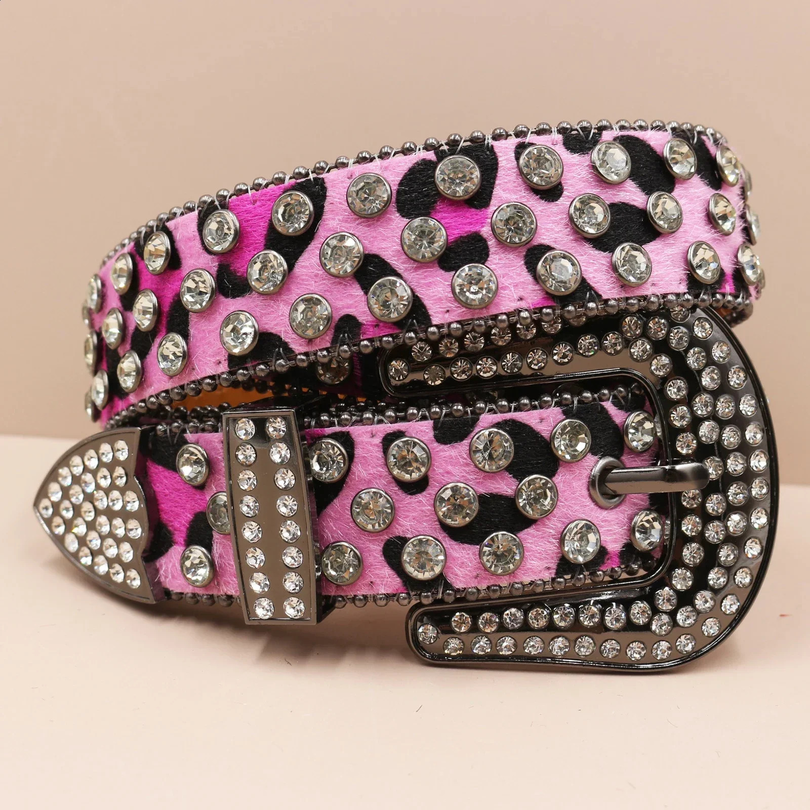 Pink unique leopard print woman rhinestones Western Belts Studded Mens Belts Fashion Diamond Globe Buckle Y2K belt for men 260605 - view 5