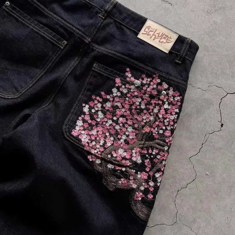 Mens Jeans Y2K Vintage Streetwear Light Blue Wide Leg Denim Pants Embroidery Knight Sakura Flower Washed Loose Fit Retro StyleT260606 - view 7