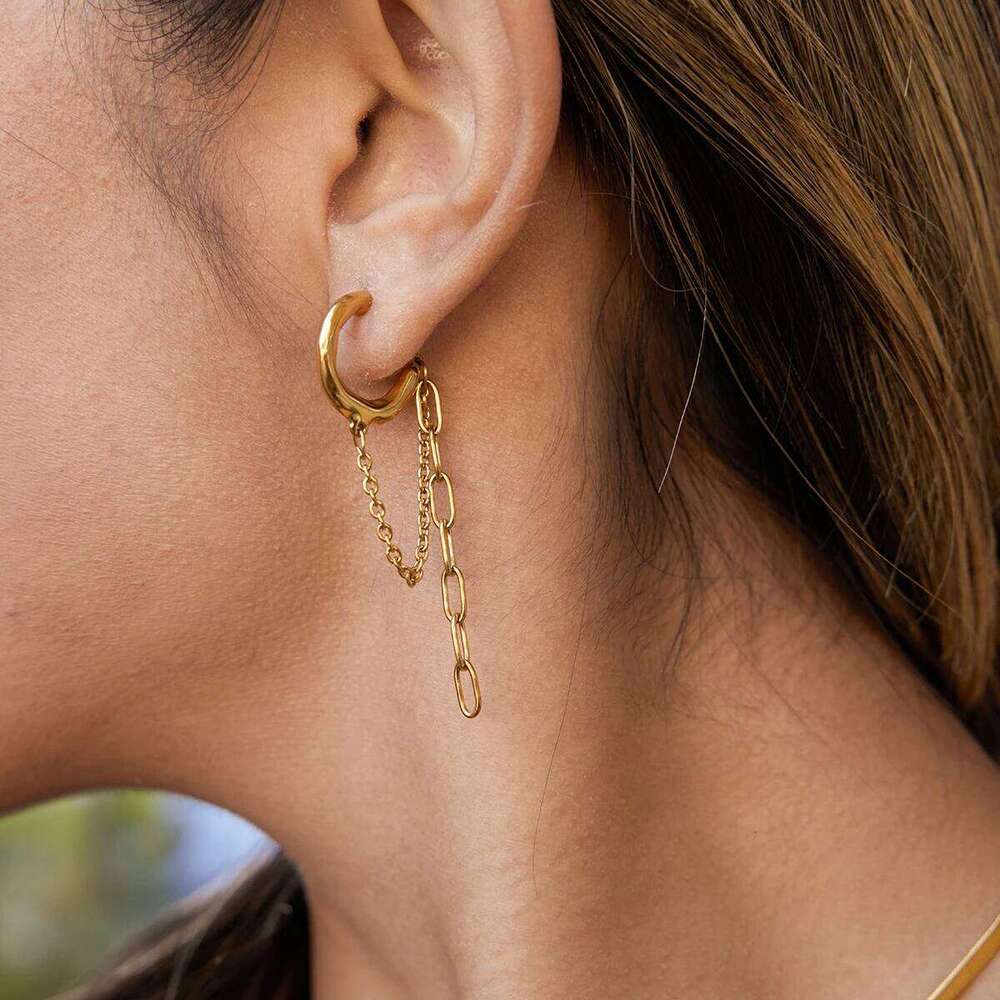 Uworld Classic 18K Plated Gold Color Stainless Steel Hollow-Out Chain C-Ring Tassel Hoop Earrings Women Waterproof Jewelry