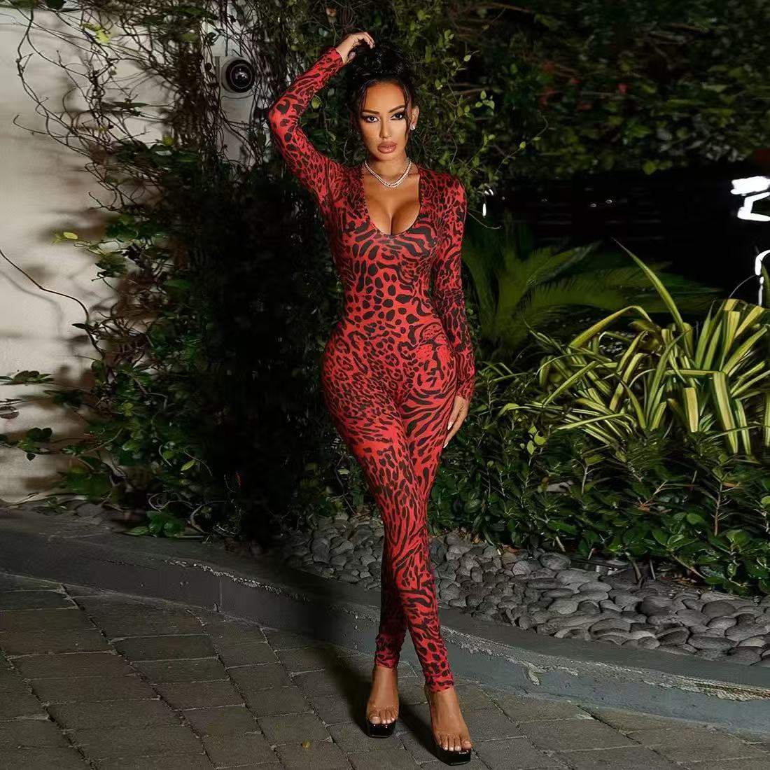 Jumpsuits for Women rompers Sexy Hollow Out Bandage Bodycon Bodysuits Leopard print jumpers Night Club wear Skinny Overalls 5833