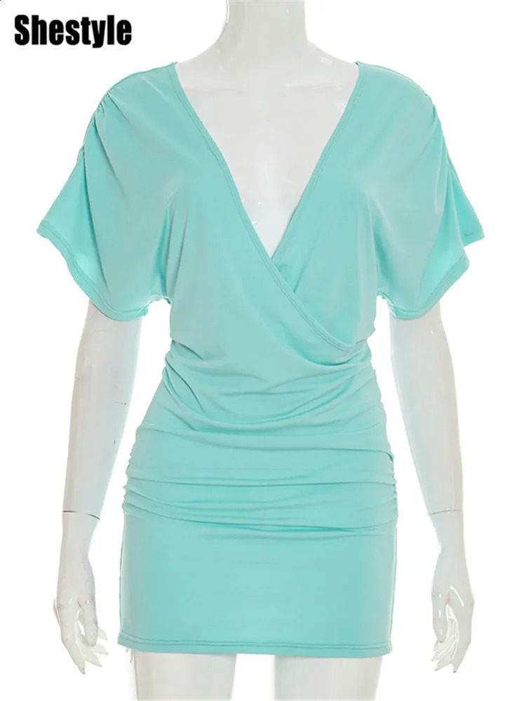Shestyle Blue Deep V Neck Beachwear Women Dress Short Sleeve Sheath Overlap Solid Low Cut Sexy Streetwear Fashion 260623 - view 7