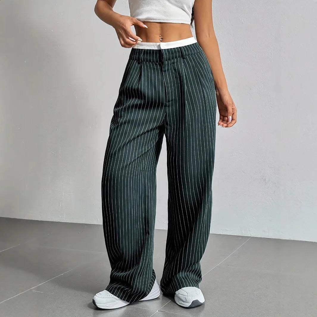 Fashion Pants Womens Stripe Straight Pants Autumn Winter High Waisted Casual Suit Pants Office Lady Women Trousers Bottoms 260605 - view 3