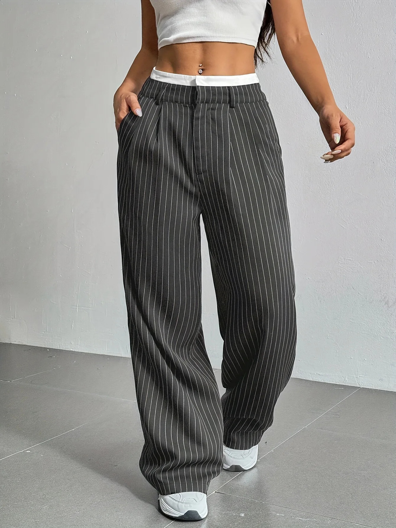 Fashion Pants Womens Stripe Straight Pants Autumn Winter High Waisted Casual Suit Pants Office Lady Women Trousers Bottoms 260605 - view 6
