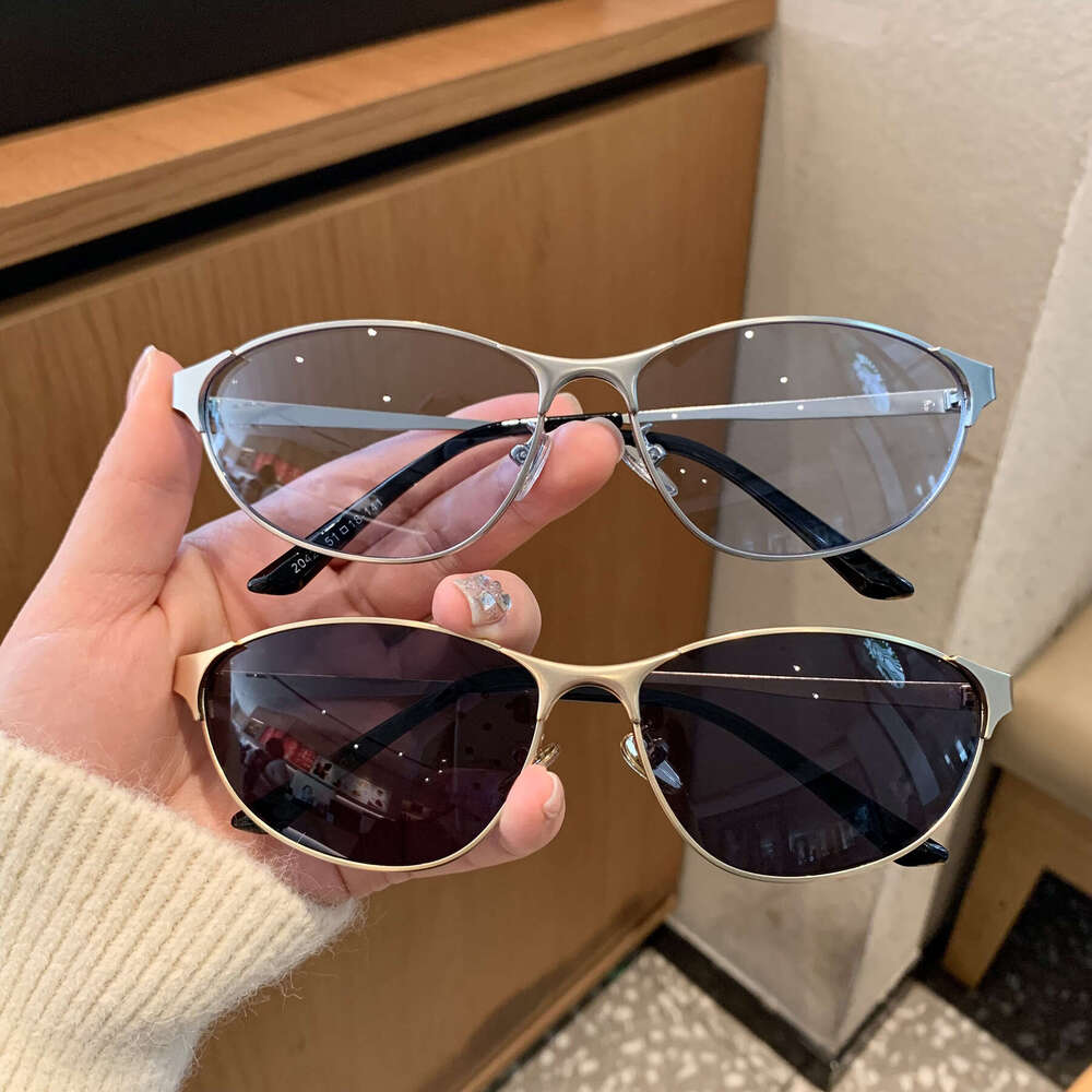 Luxury Brand Designer Sunglasses Women Slim Oval Cat Eye Sunglasses Polished Silver Full Metal Frame Unique Curved Bridge Light Gradient Lens UV400 Y2