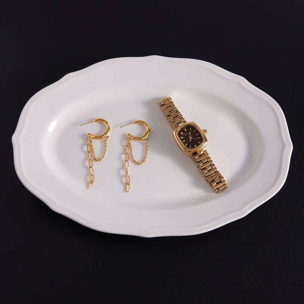 Uworld Classic 18K Plated Gold Color Stainless Steel Hollow-Out Chain C-Ring Tassel Hoop Earrings Women Waterproof Jewelry