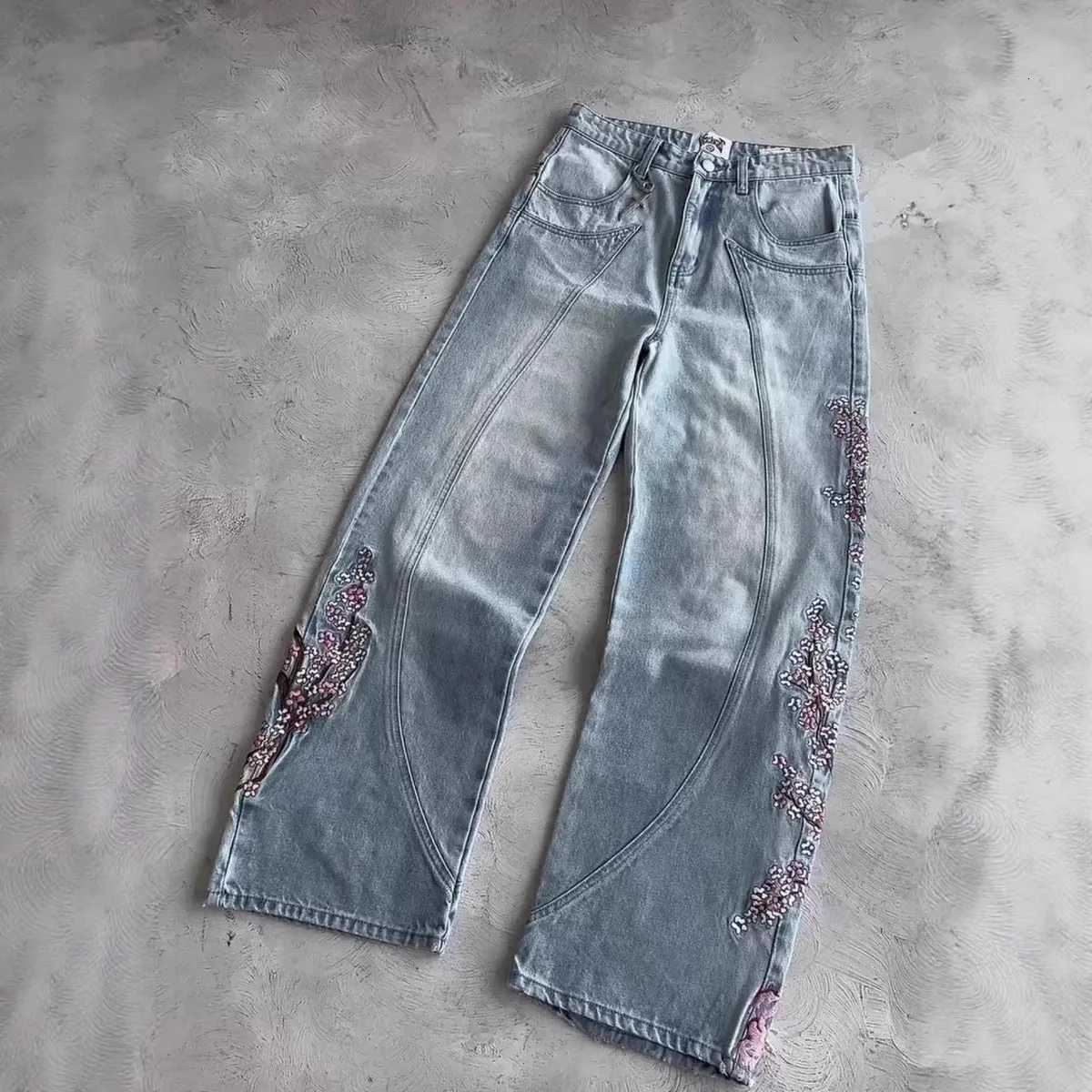 Mens Jeans Y2K Vintage Streetwear Light Blue Wide Leg Denim Pants Embroidery Knight Sakura Flower Washed Loose Fit Retro StyleT260606 - view 3
