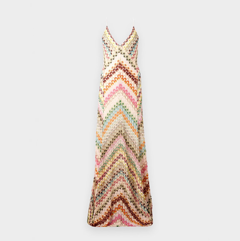 Multicolor Chevron Crochet Maxi Dress, Backless Spaghetti Strap Split Knit Long Beach Dress - view 8