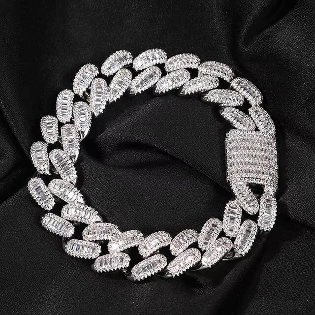 CHENG JEWELER Wholesales PUNK MEN Jewelry 925silver Material square Moissanite Inlay 14mm Ice Cut Cuban Link Chain Vvs White Gold Bracelet