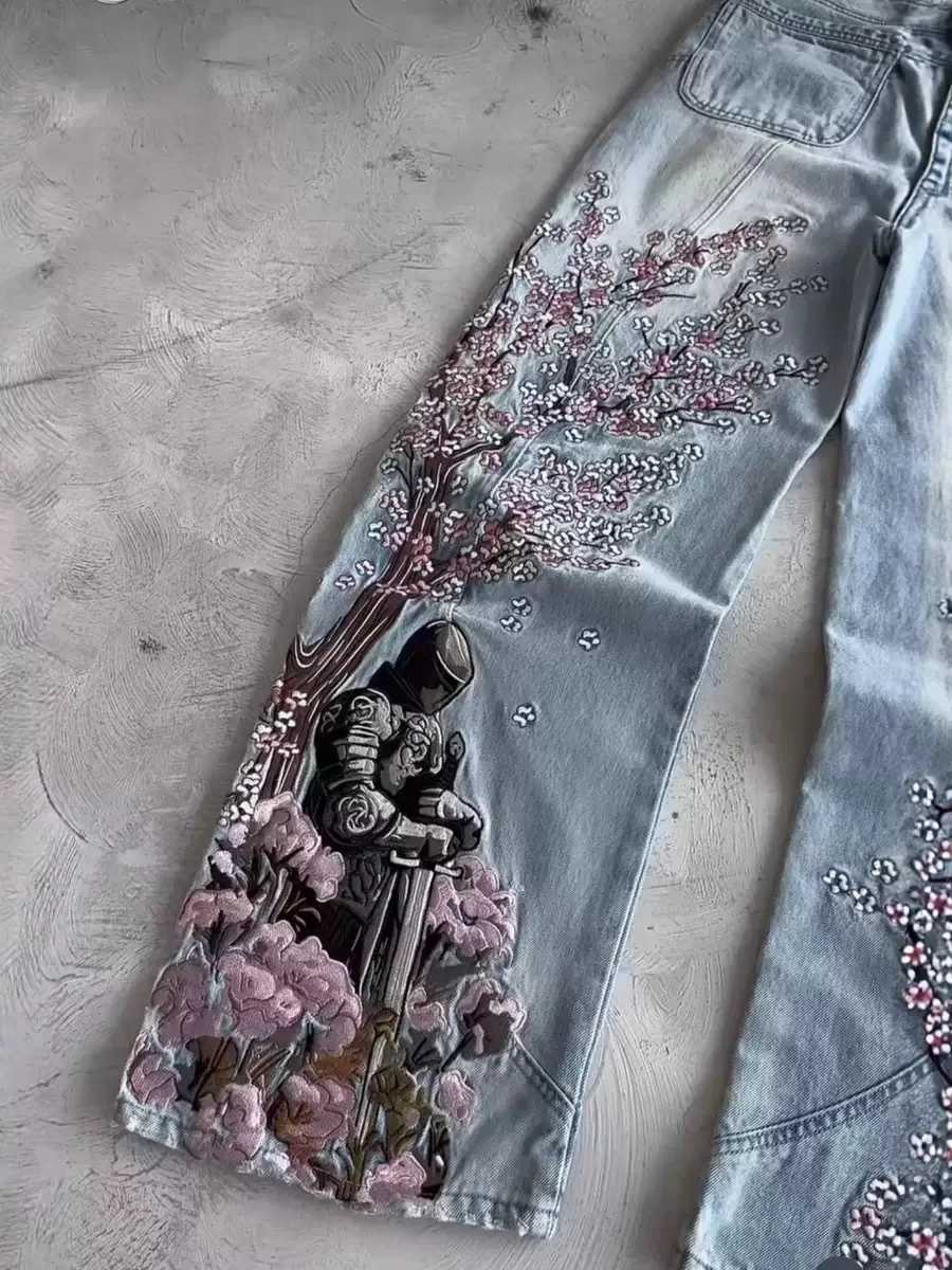 Mens Jeans Y2K Vintage Streetwear Light Blue Wide Leg Denim Pants Embroidery Knight Sakura Flower Washed Loose Fit Retro StyleT260606 - view 4
