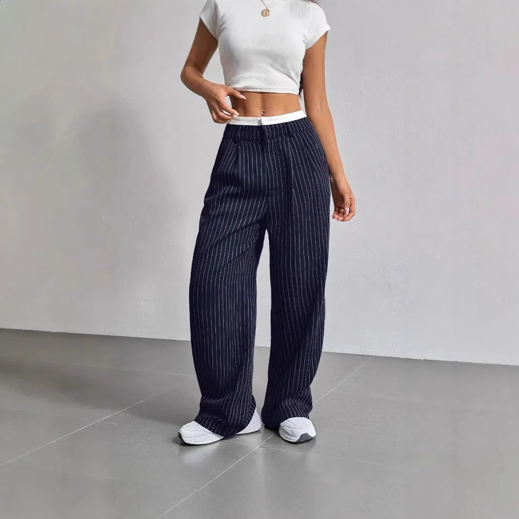Fashion Pants Womens Stripe Straight Pants Autumn Winter High Waisted Casual Suit Pants Office Lady Women Trousers Bottoms 260605 - view 5