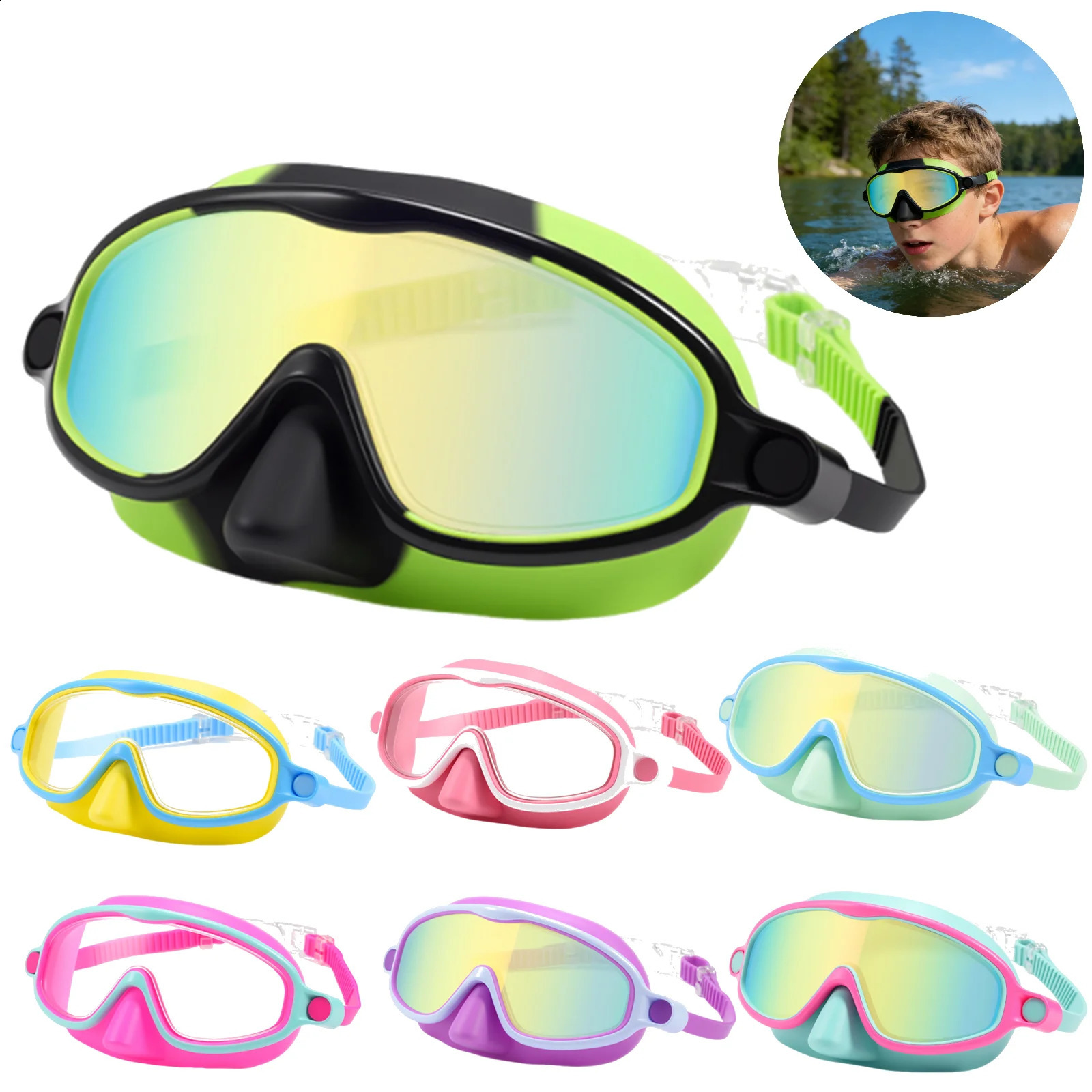 Kids Swim Goggles with Nose Cover Wide View Diving Glasses Snorkel Mask Comfort Fabric Strap Swimming Goggles for Boys Girls 260605 - view 3
