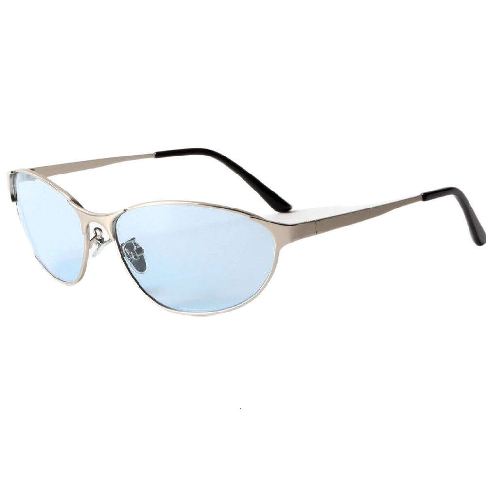 Luxury Brand Designer Sunglasses Women Slim Oval Cat Eye Sunglasses Polished Silver Full Metal Frame Unique Curved Bridge Light Gradient Lens UV400 Y2
