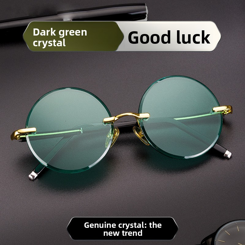 Retro Metal Frameless Designer Sunglasses Luxury Women's Dark Green Imitation Crystal Outdoor Glasses Trendy Brand Sun Protection Sports Cycling 