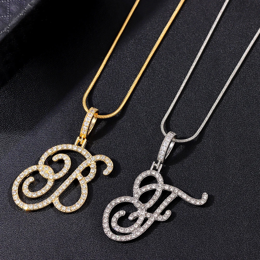 A-Z Initial Cursive Letters Pendant Necklace For Women Gold Silver Color Shiny Rhinestone Metal Chain Necklace Jewelry Gift260605 - view 6