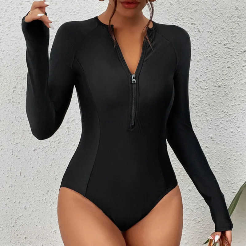 Long Black Closed One-Piece Swimsuits Sleeve Swimwear For Sports Surfing Bodysuit Women Swim Bathing Suit Beachwear Pool Bather.R260606