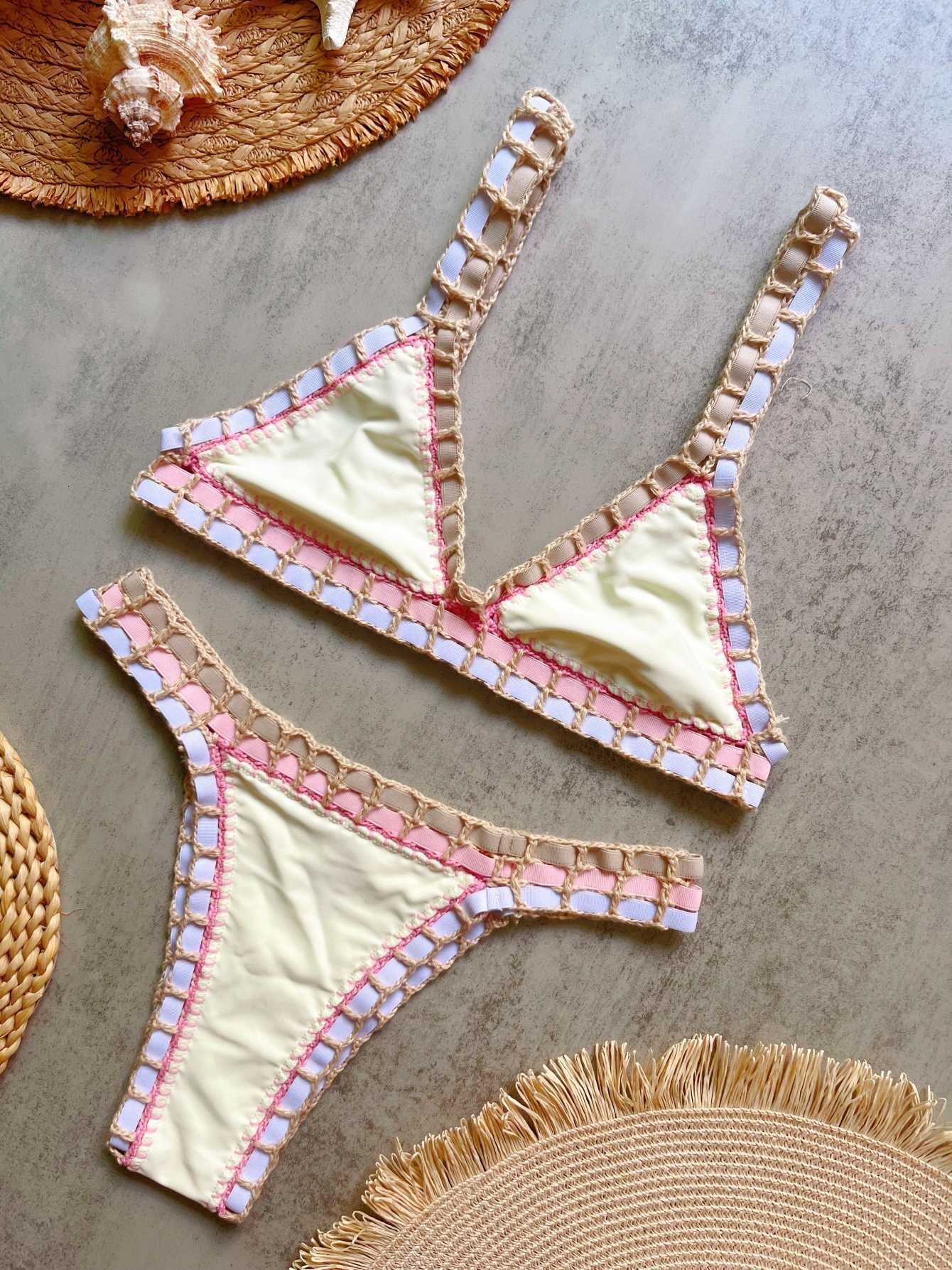 Women's hand-knitted solid-color swimsuit with colorful elastic straps and bikini beachwear set L260604