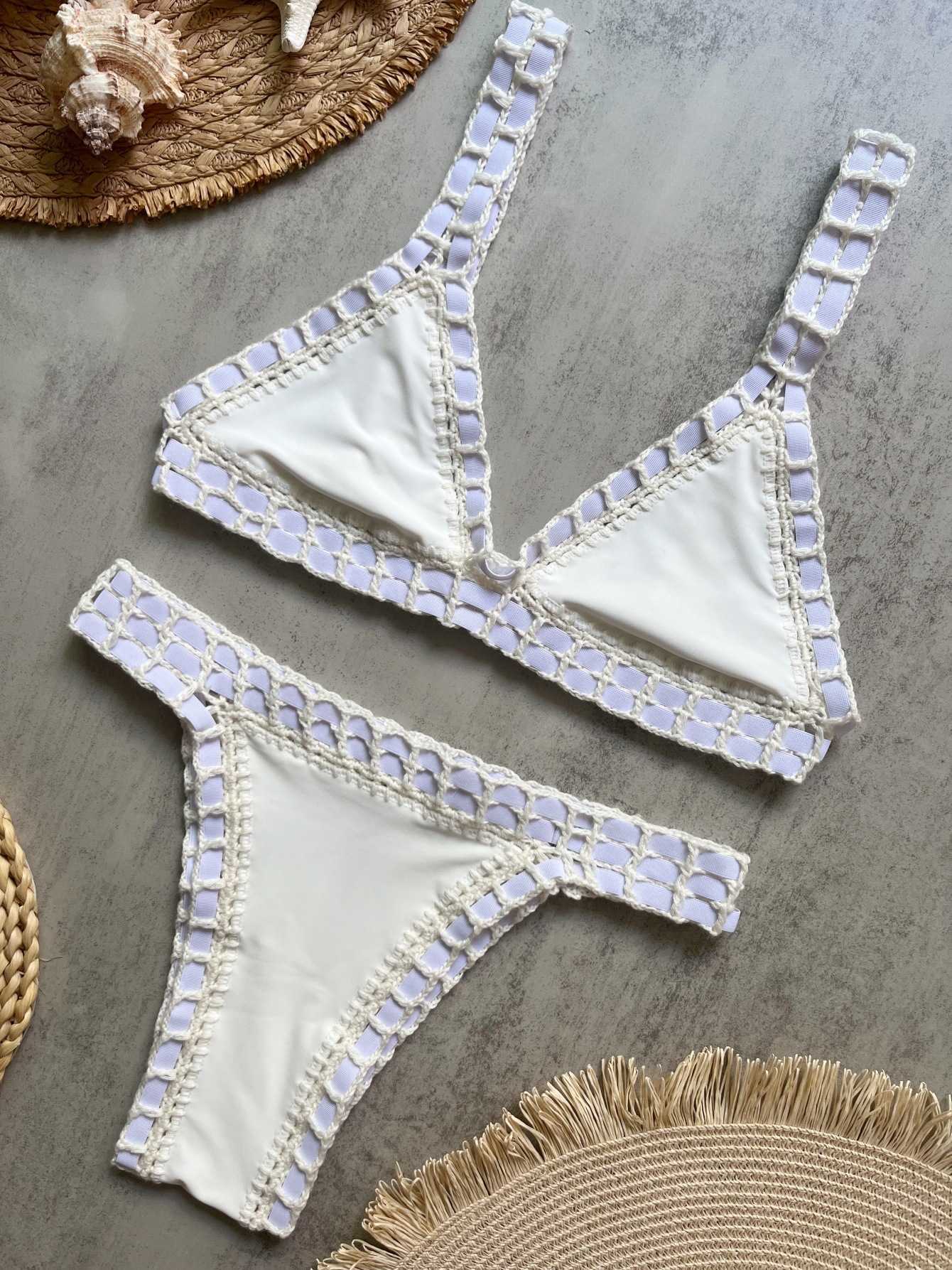 Women's hand-knitted solid-color swimsuit with colorful elastic straps and bikini beachwear set L260604 - view 6