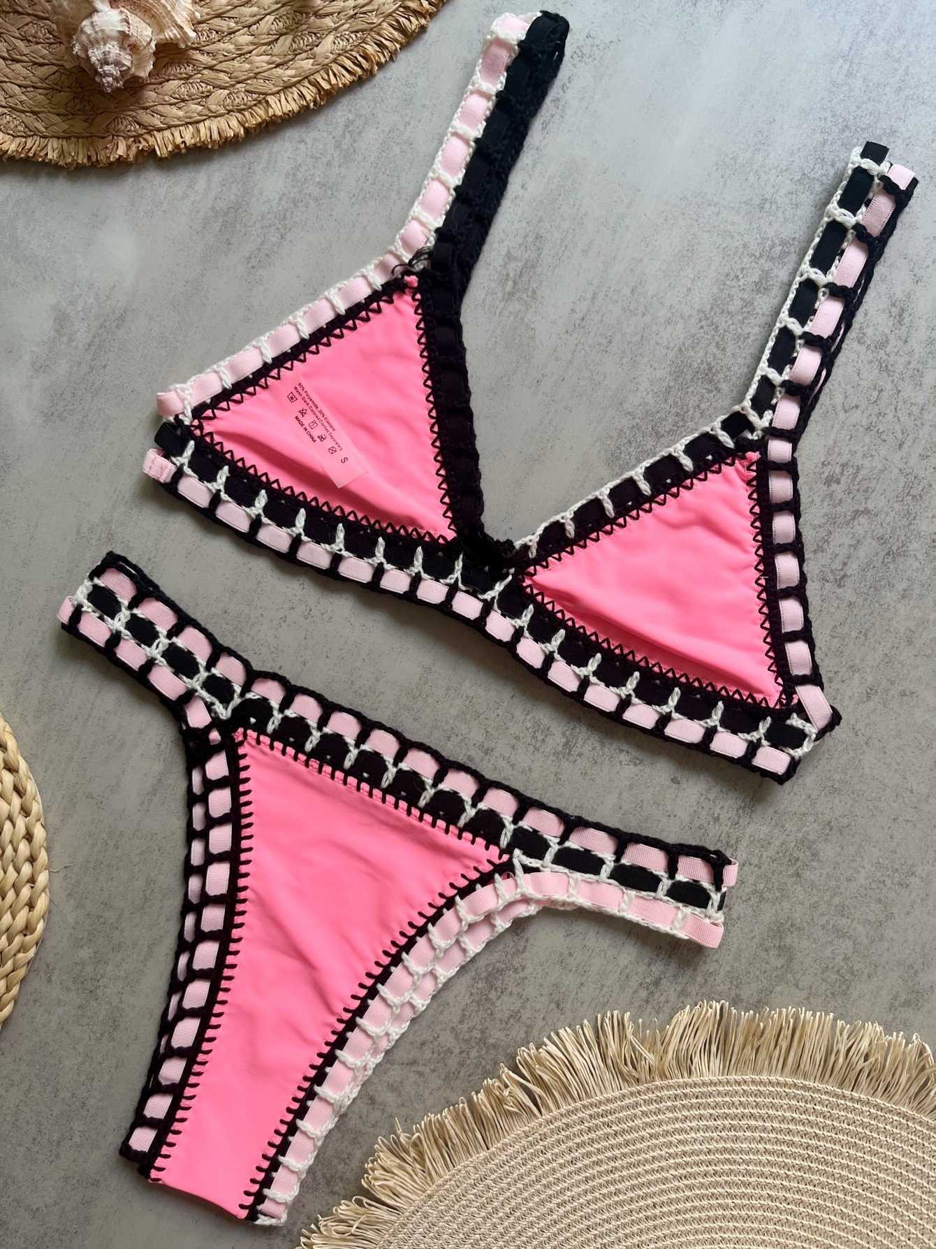 Women's hand-knitted solid-color swimsuit with colorful elastic straps and bikini beachwear set L260604 - view 8