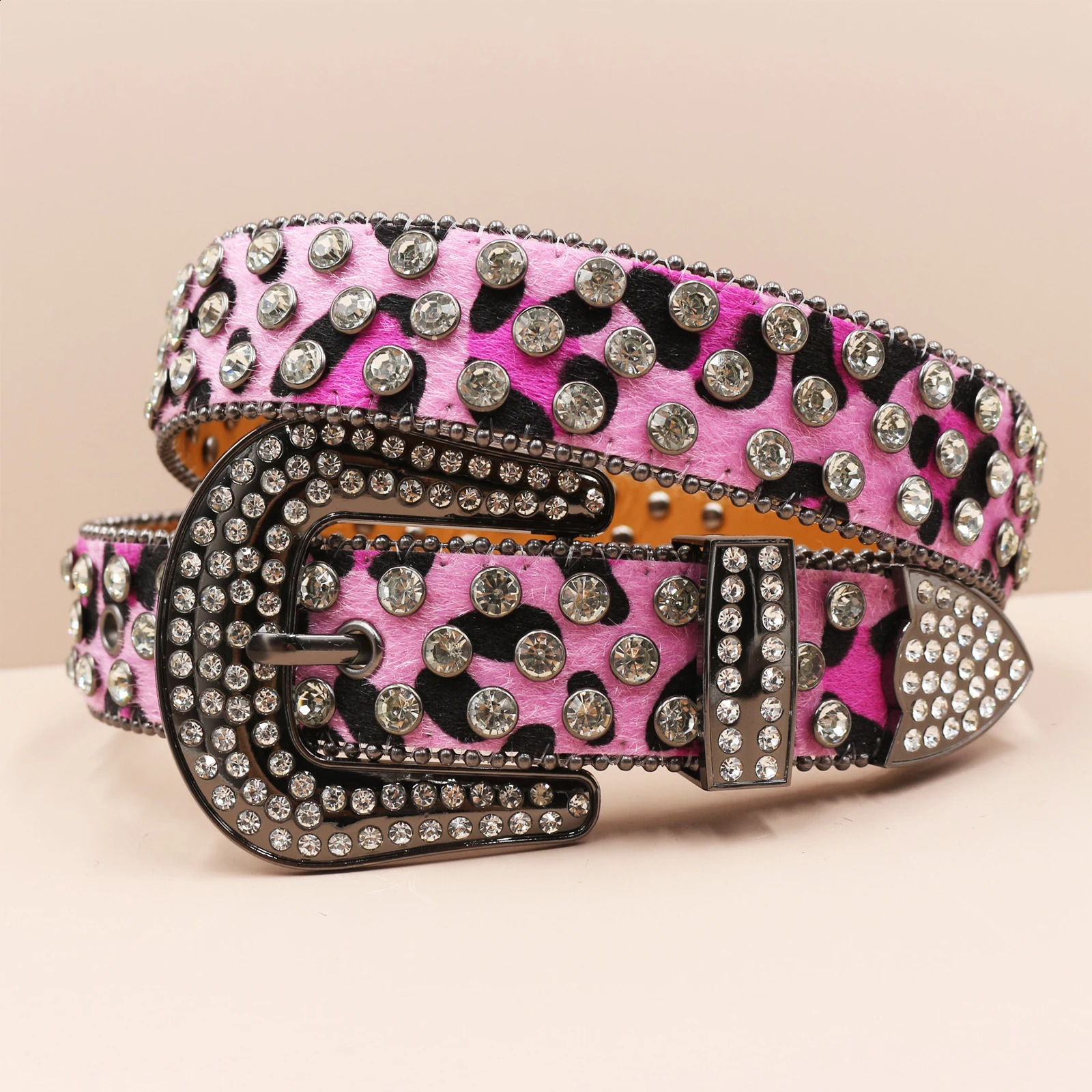 Pink unique leopard print woman rhinestones Western Belts Studded Mens Belts Fashion Diamond Globe Buckle Y2K belt for men 260605 - view 3