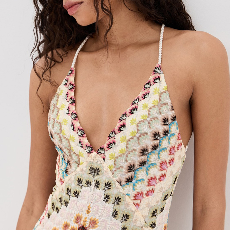 Multicolor Chevron Crochet Maxi Dress, Backless Spaghetti Strap Split Knit Long Beach Dress - view 5