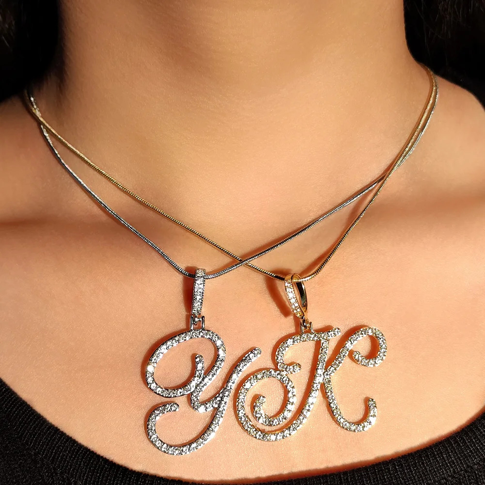 A-Z Initial Cursive Letters Pendant Necklace For Women Gold Silver Color Shiny Rhinestone Metal Chain Necklace Jewelry Gift260605