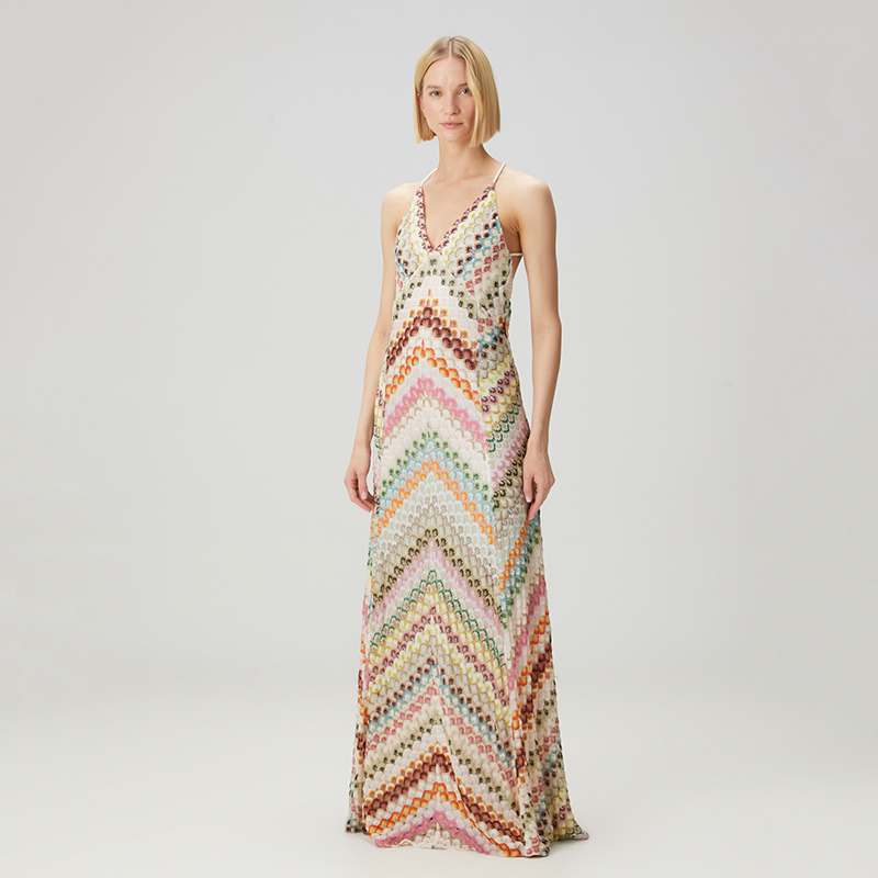 Multicolor Chevron Crochet Maxi Dress, Backless Spaghetti Strap Split Knit Long Beach Dress - view 4